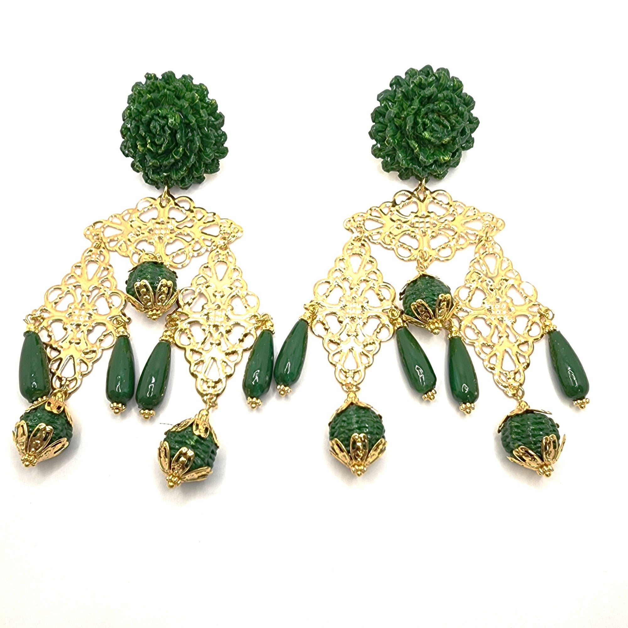Pair of elegant earrings with green floral studs, intricate gold filigree, and dangling green beads.