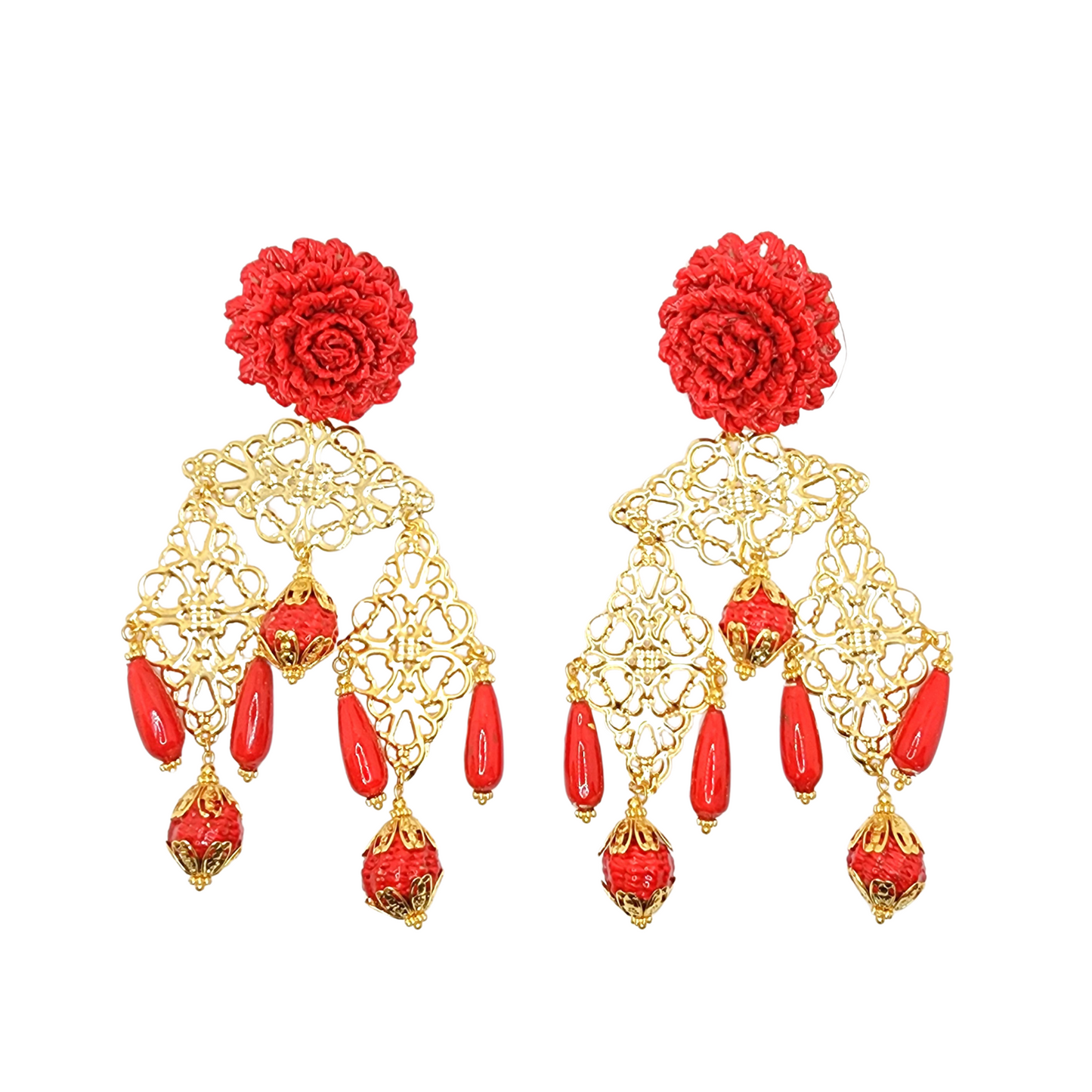Red Flower & Gold Cascade Earrings