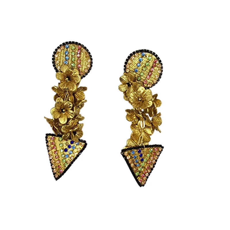 These earrings feature golden flower designs with round and triangular shapes, adorned with gemstones in blue, turquoise, pink, green, and white hues.