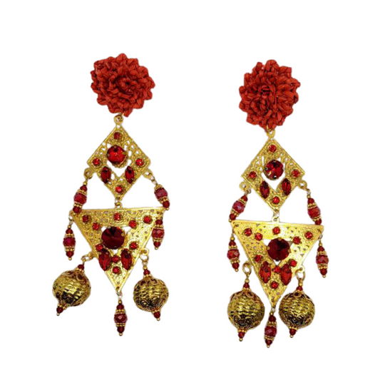 Flower Waterfall Red & Gold Earrings