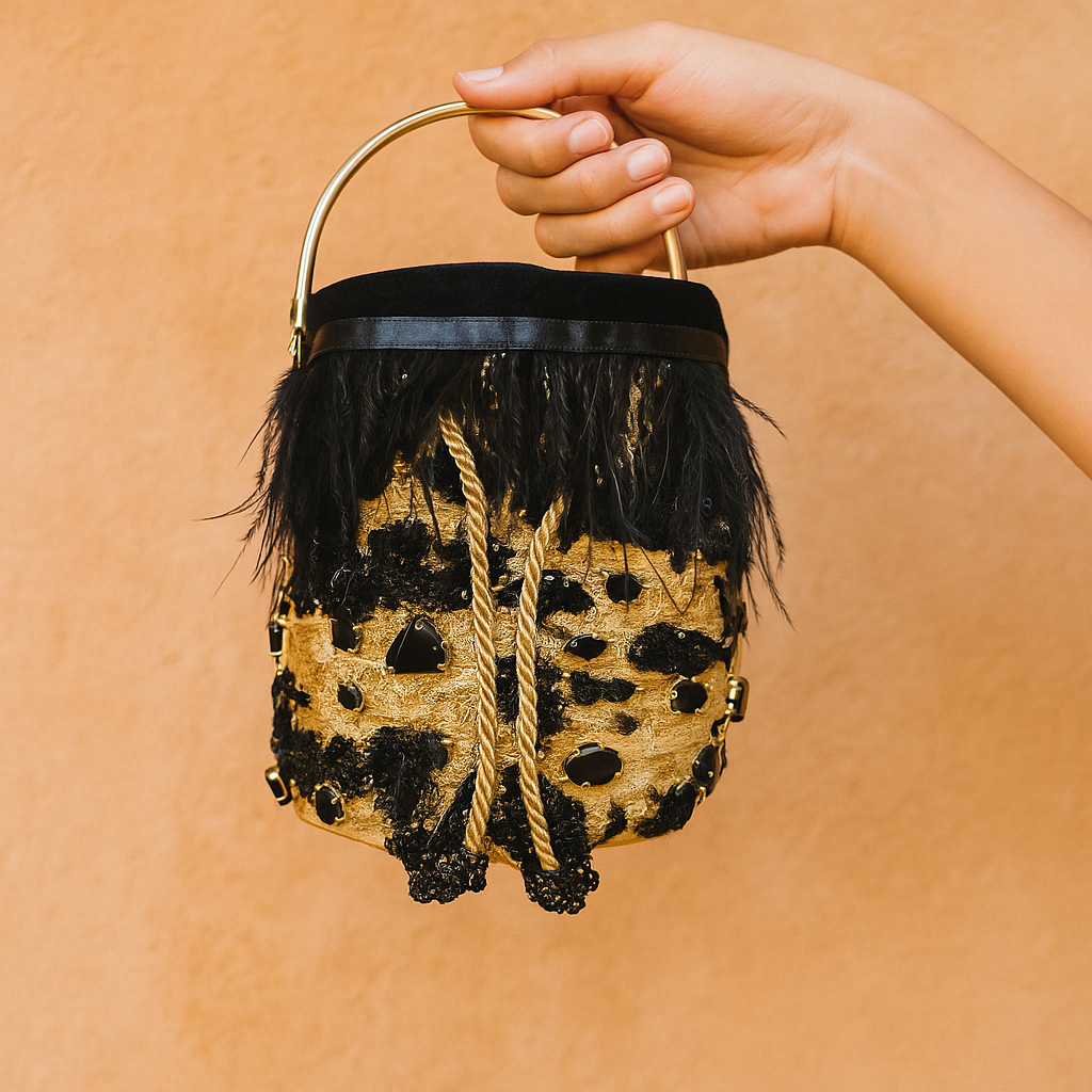 Hand holding a gold and black feather minaudiere bag against a warm-toned wall