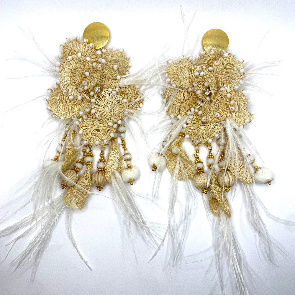 Gold Earrings with White Feathers