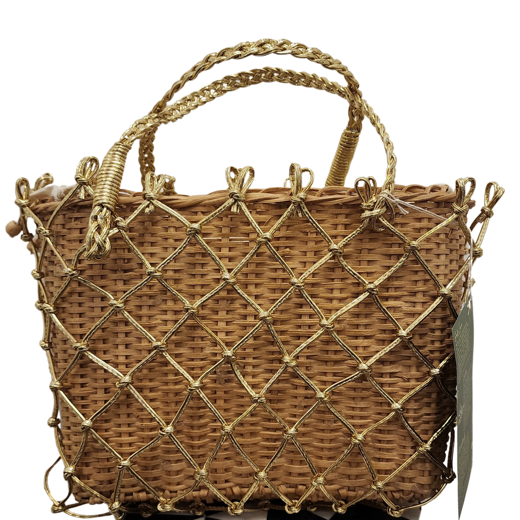 Golden Macrame Handbag handcrafted from banana fiber with diamond-pattern gold macrame overlay and matching braided gold handles