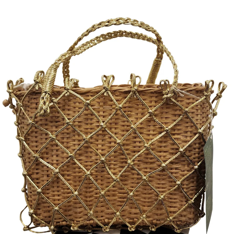 Golden Macrame Handbag handcrafted from banana fiber with diamond-pattern gold macrame overlay and matching braided gold handles