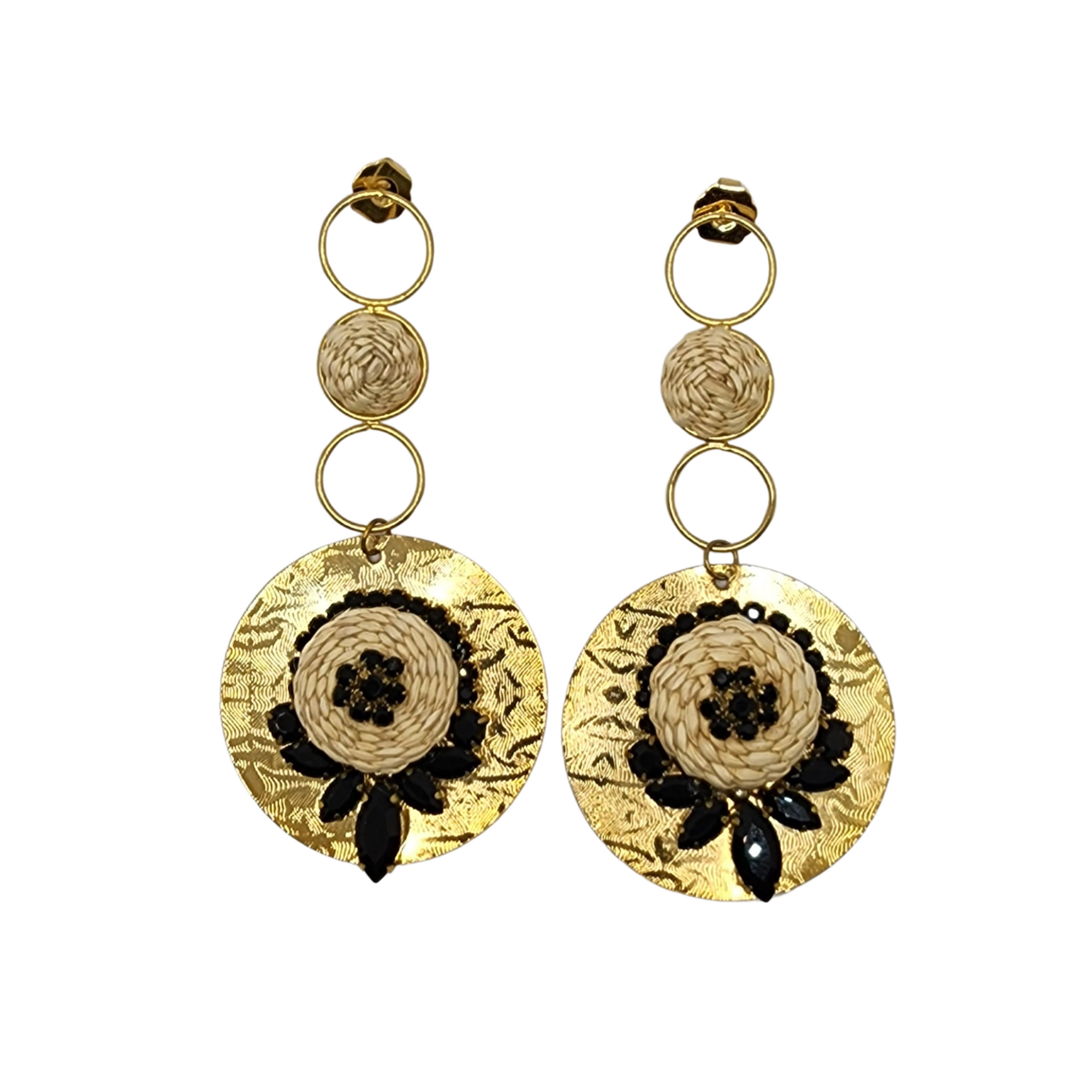 Gold waterfall earrings with woven floral center and black bead accents