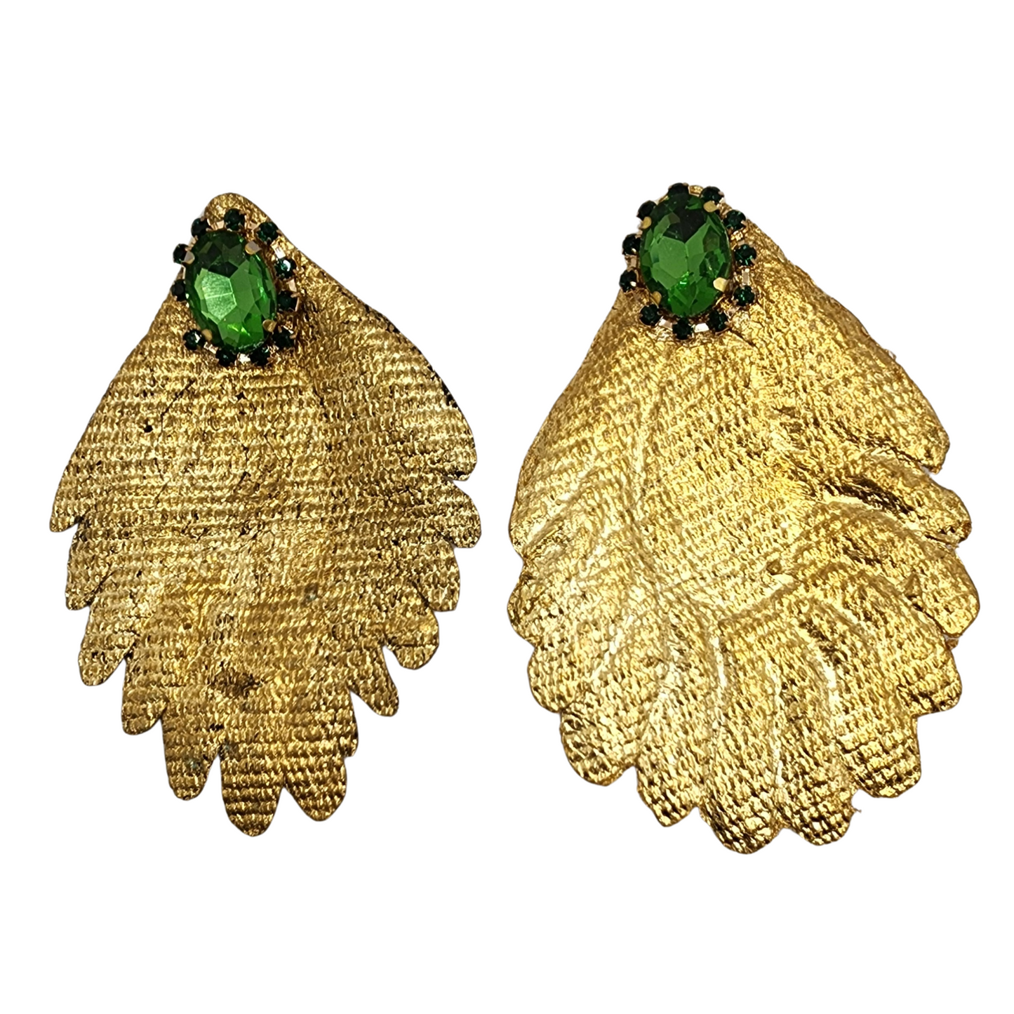 Golden Leaf Earrings with Emerald Accents