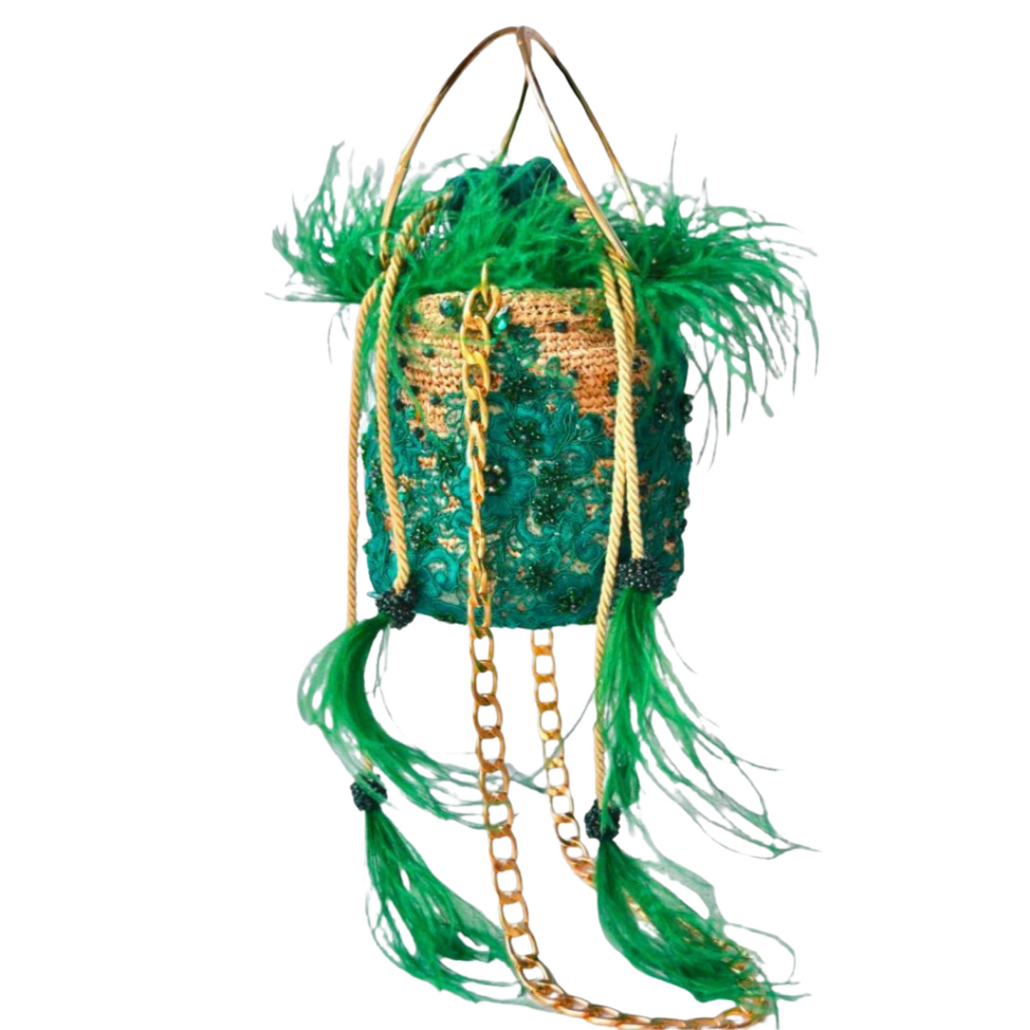 Green Feather Embellished Bag