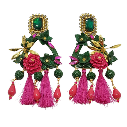 Green & Fuchsia Flower Earrings