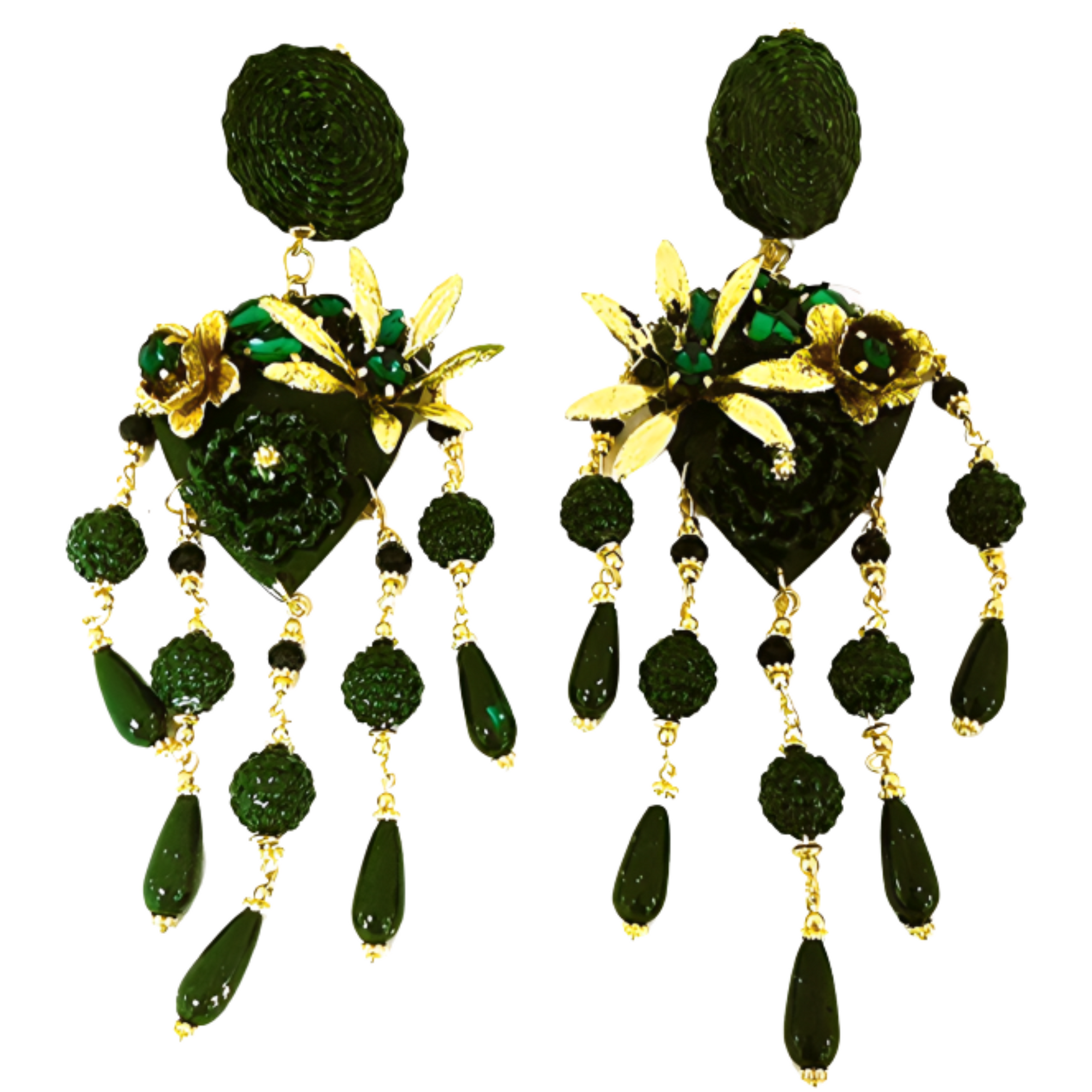 Pair of green and gold statement earrings featuring floral motifs, dangling beaded strands, and intricate handcrafted detailing.