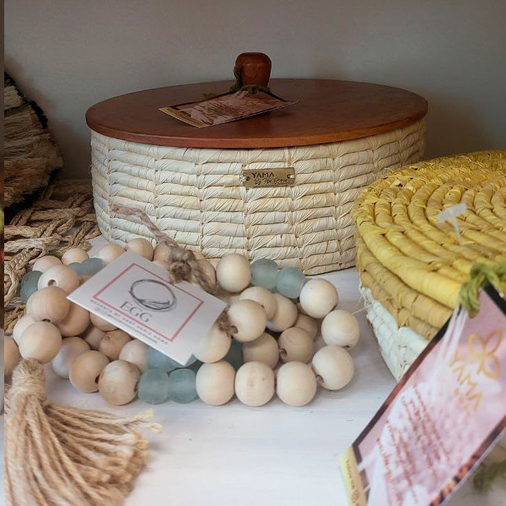 Artisanal Vegetal Fiber Basket with Wood lead