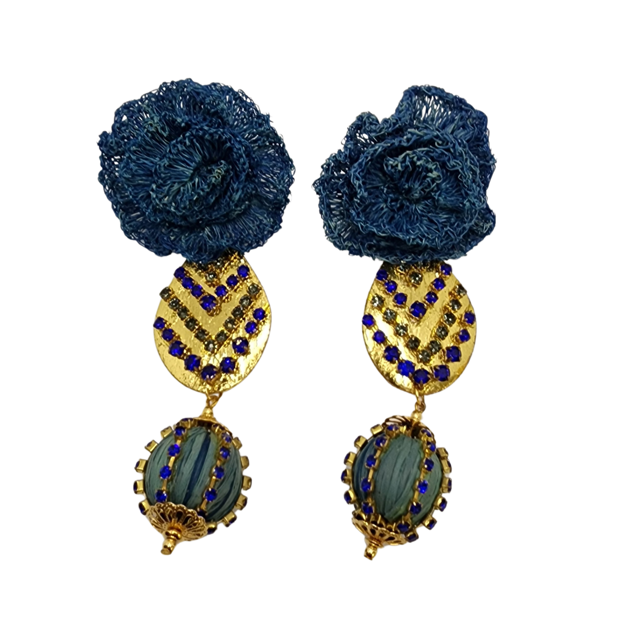 Indigo Bloom Earrings with blue floral tops, gold hammered medallions, royal blue rhinestones, and green gemstone drops — handcrafted jewelry