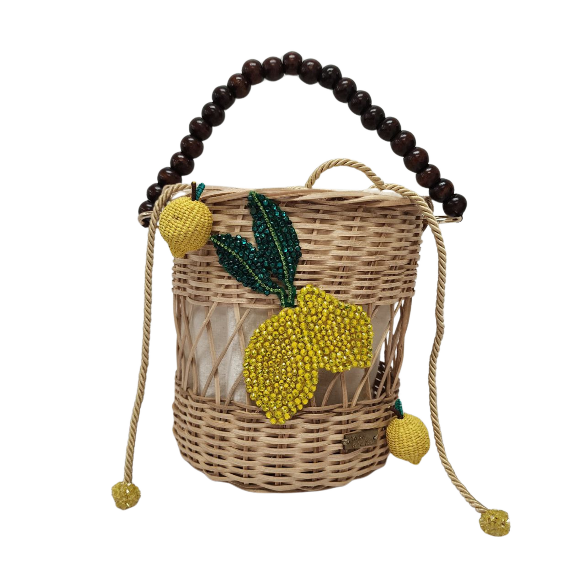 Lemon Delight Handbag with beaded lemon motif, natural fiber weave, and dark wooden handle on white background