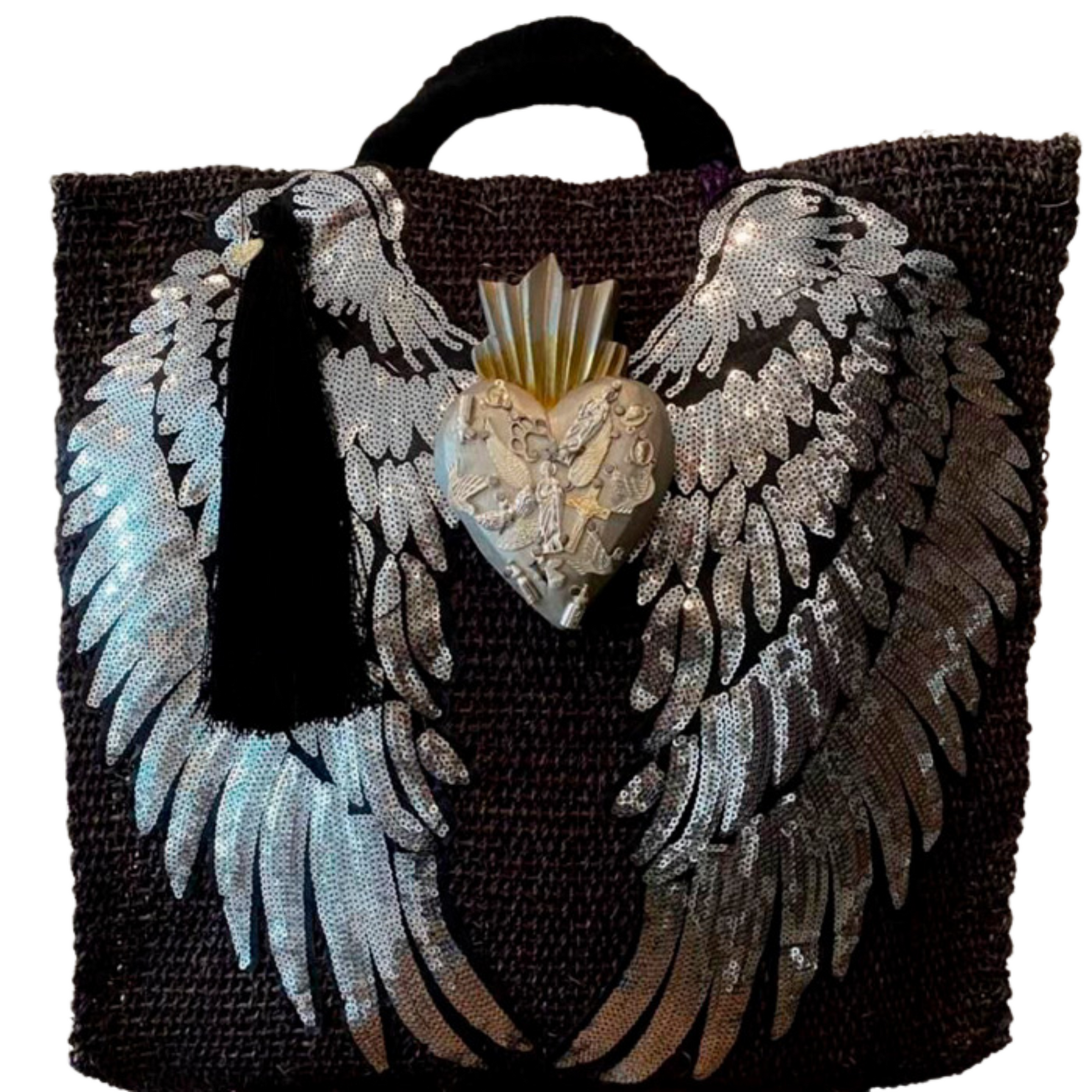 Black woven bag with silver sequin angel wings and silver sacred heart medallion