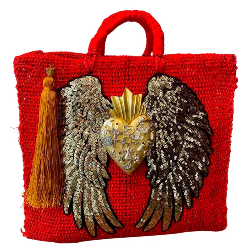 Discover the charm of Mexican Handcrafted Bags, designed by skilled artisans to celebrate Mexico’s rich cultural heritage. These bags feature intricate embroidery with hearts, angel wings, and meaningful quotes, brought to life with vibrant colors and detailed patterns. Spacious interiors and durable craftsmanship make them perfect for daily use or special occasions.
