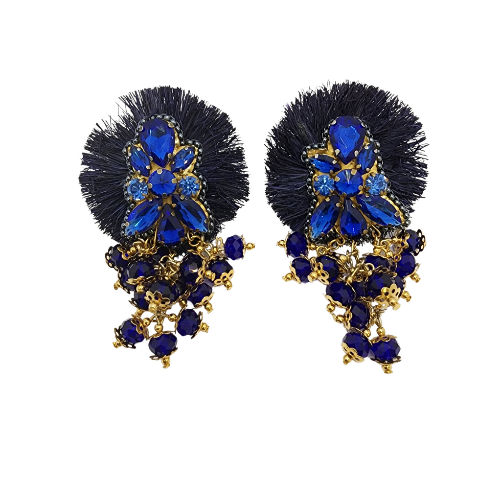 Midnight Royal Earrings with sapphire-blue gemstones, golden chains, black fringe, and artisan handcrafted details