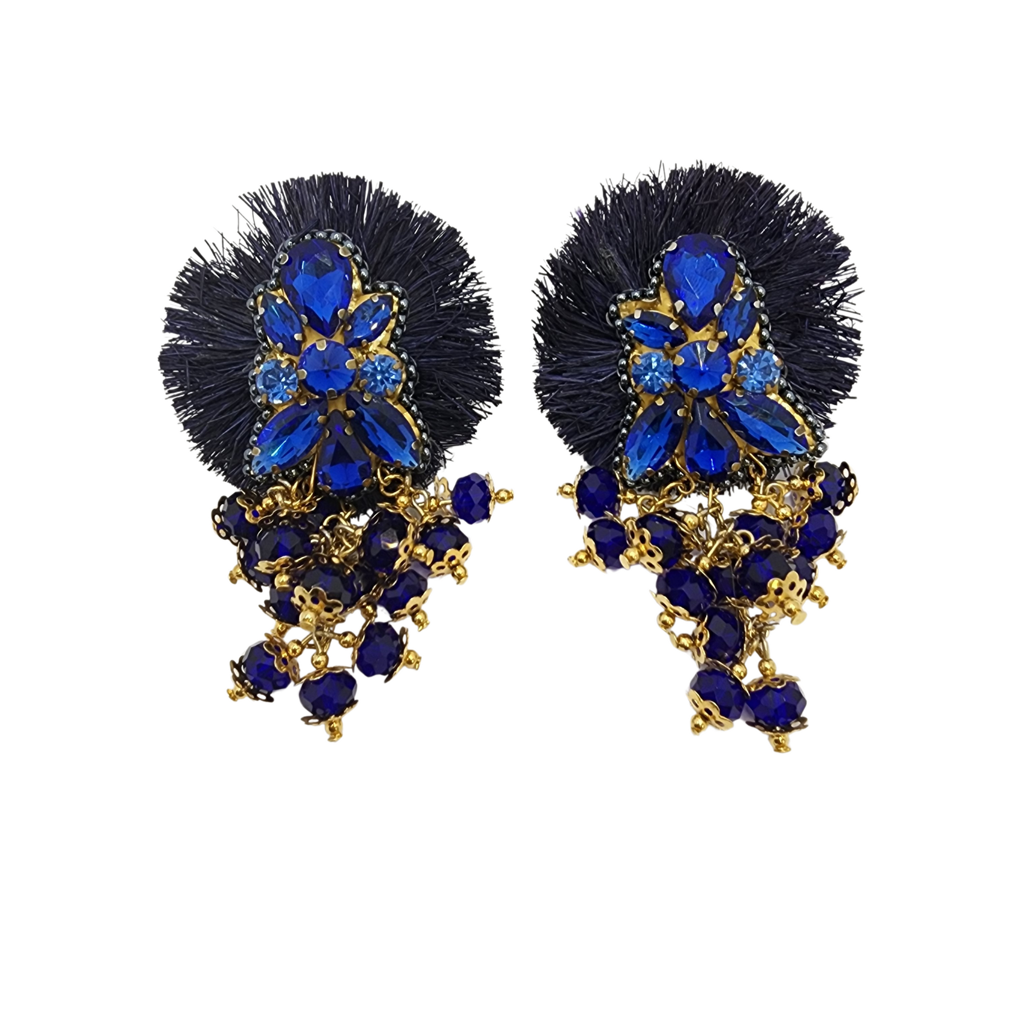 Midnight Royal Earrings with sapphire-blue gemstones, golden chains, black fringe, and artisan handcrafted details