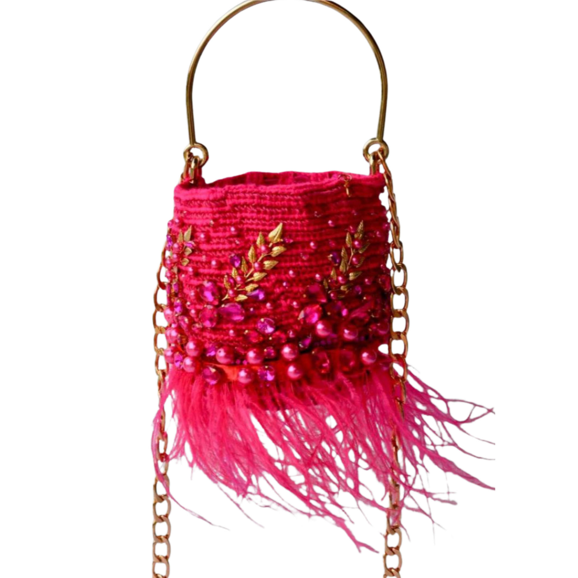  Fuchsia bucket bag with gold leaf embroidery, pink beads, and fringe detail, featuring a gold chain strap.
