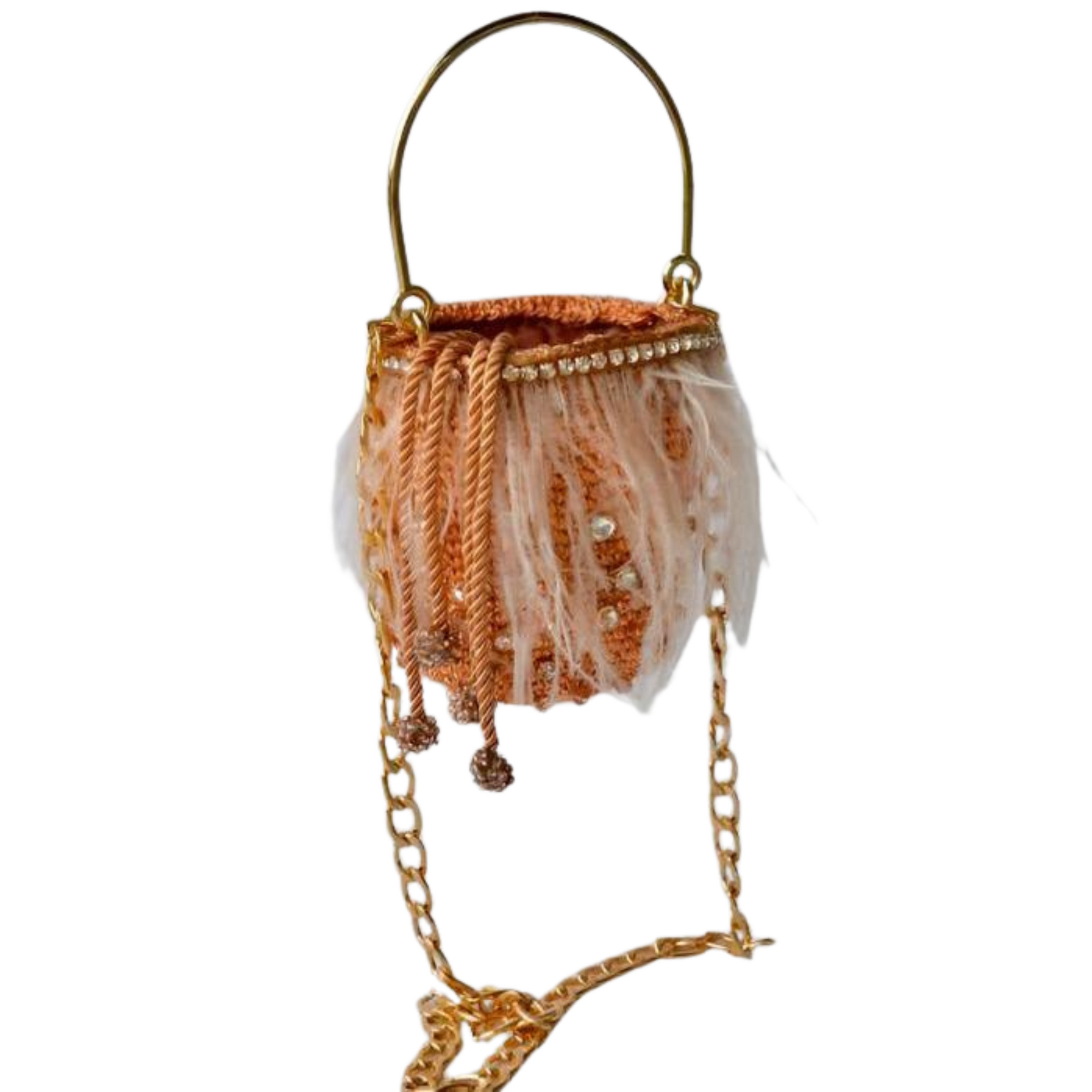 Small rose gold bag with white feathers and gold chain strap on white background