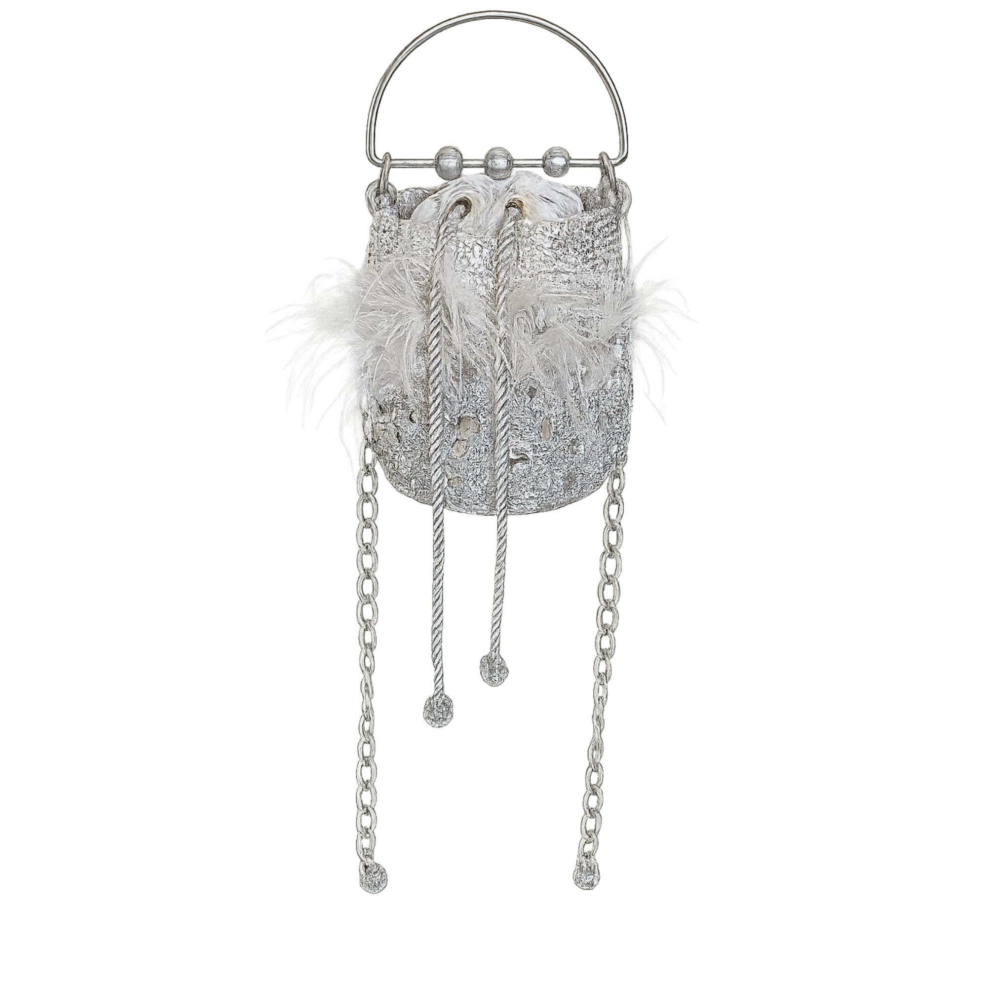 Minaudière Silver & Feather Bag with silver-plated banana fiber, drawstring closure, feathers, and hanging chains on white background