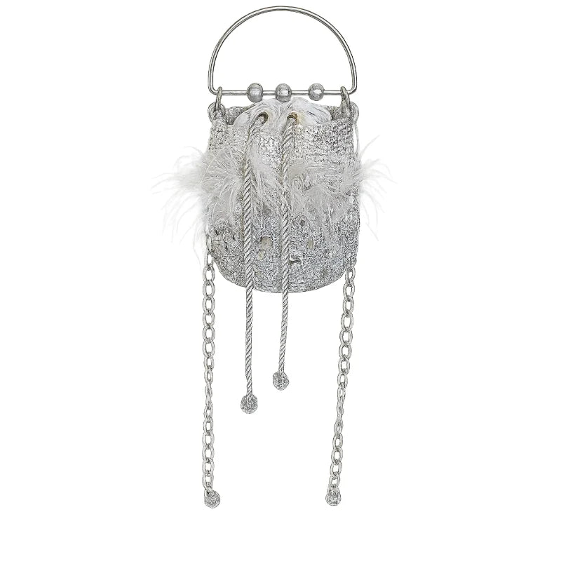 The Minaudière Silver &amp; Feather Bag emerged in the 1930s as a stylish jewelry piece and iconic fashion accessory. Perfectly sized to store a compact, lipstick, or cellphone, this modern take is ideal for accessorizing at parties, dinners, or special events.