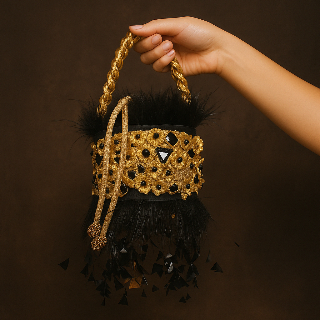 Elegant black and gold beaded minaudiere bag with feathers, held against a dark brown background