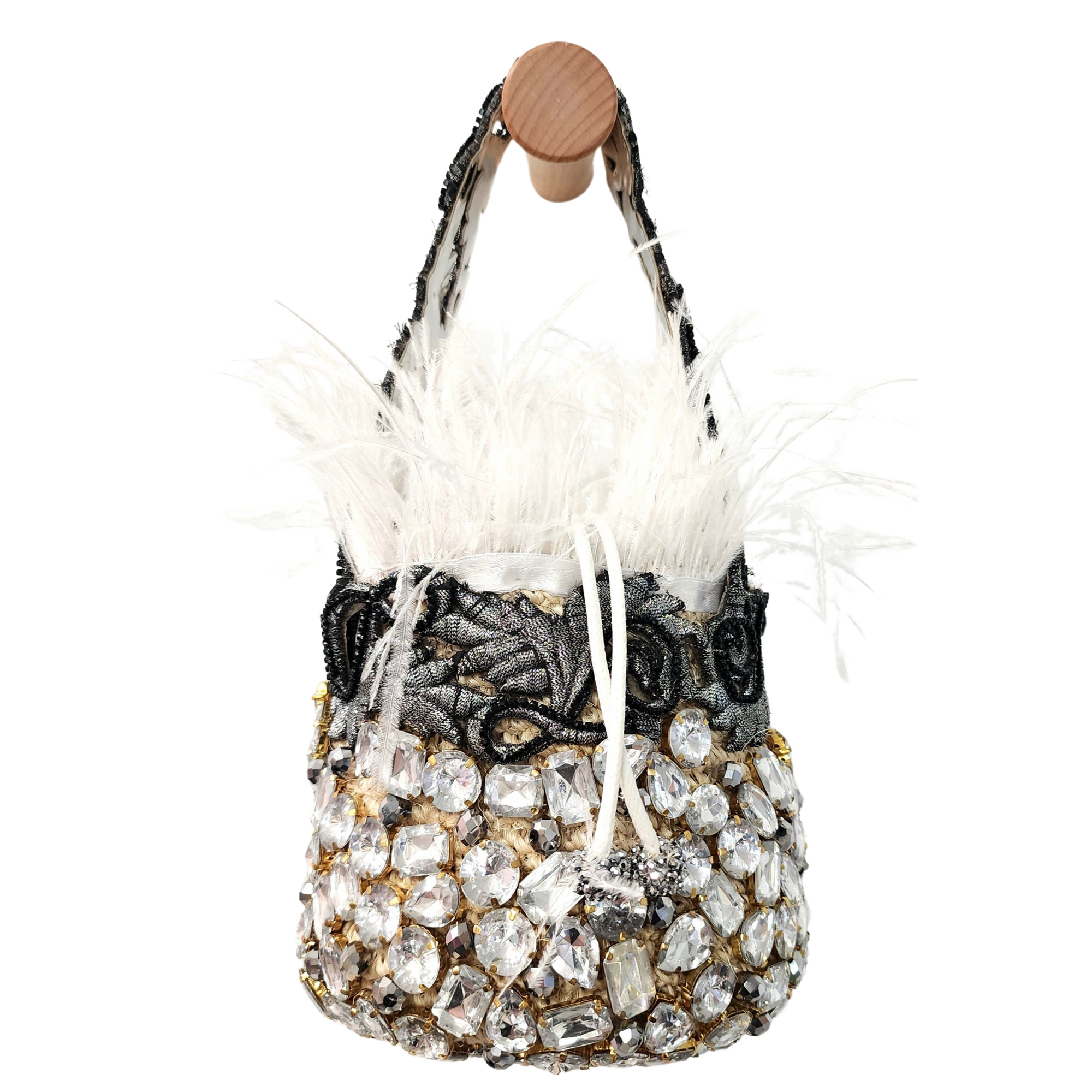 Handcrafted White Crystal Feather Bag with embroidered trim, crystal embellishments, and white feather accents.