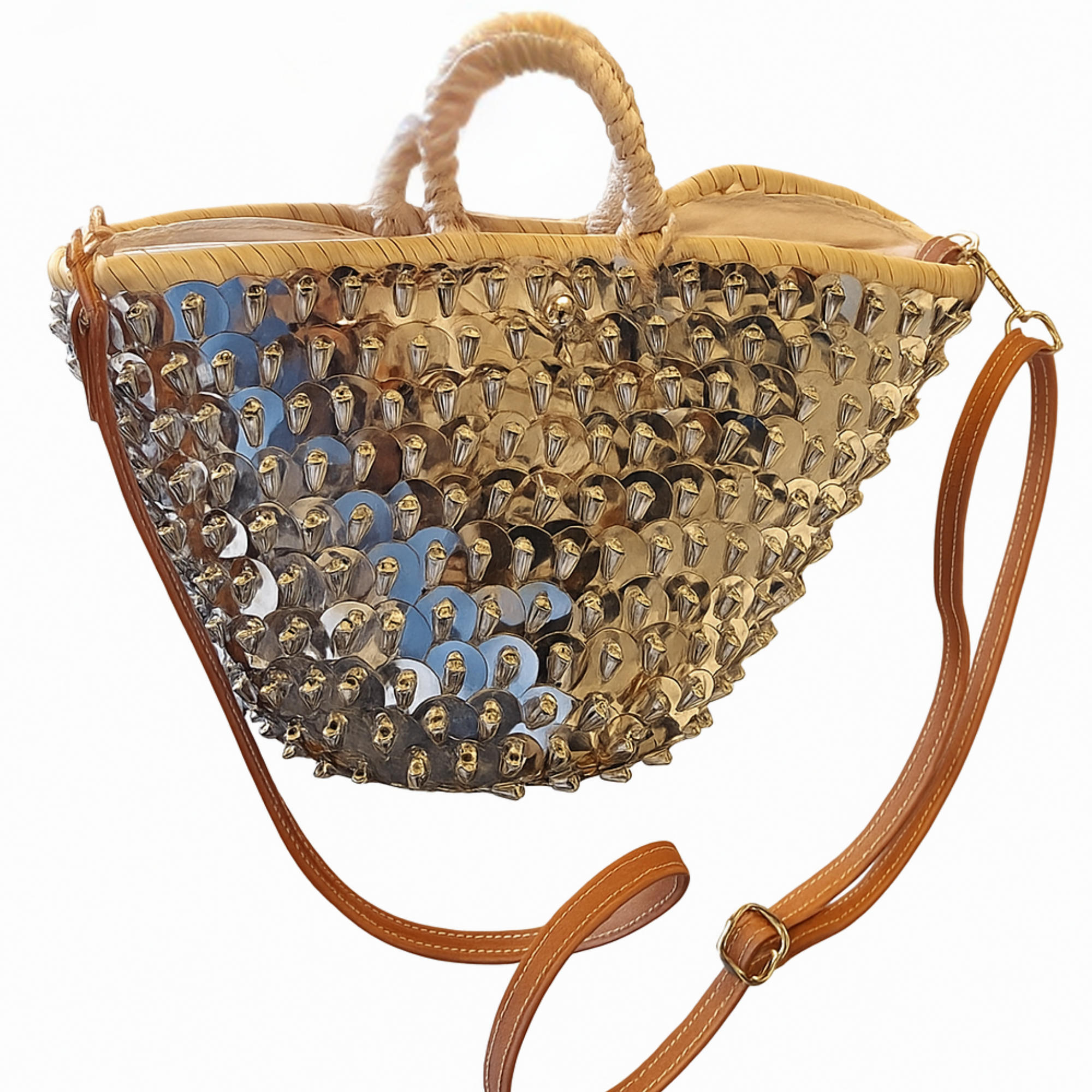 Mirror crossbody bag with braided handles and reflective silver beads, handcrafted from natural fibers