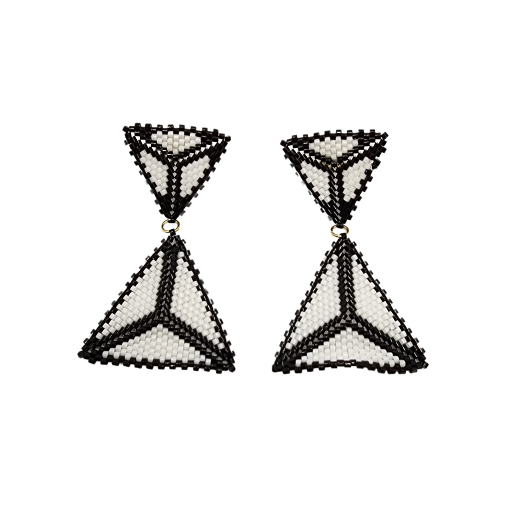 Miyuki Doble Triangle Earrings with black and white glass beads in geometric double-triangle shape handcrafted for a bold modern look