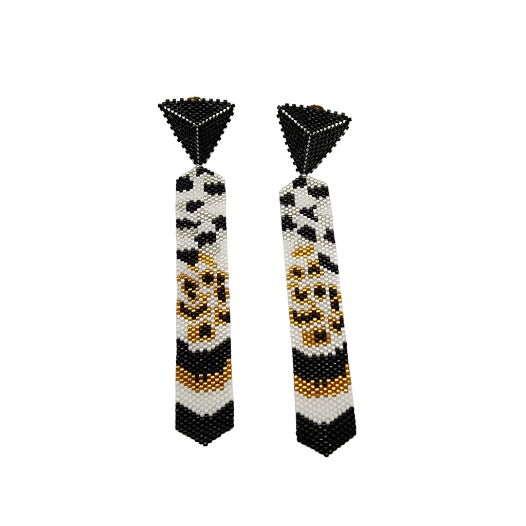 Miyuki Tie Earrings with triangular black and white glass bead tops and long beaded ties with gold accents — handcrafted statement jewelry