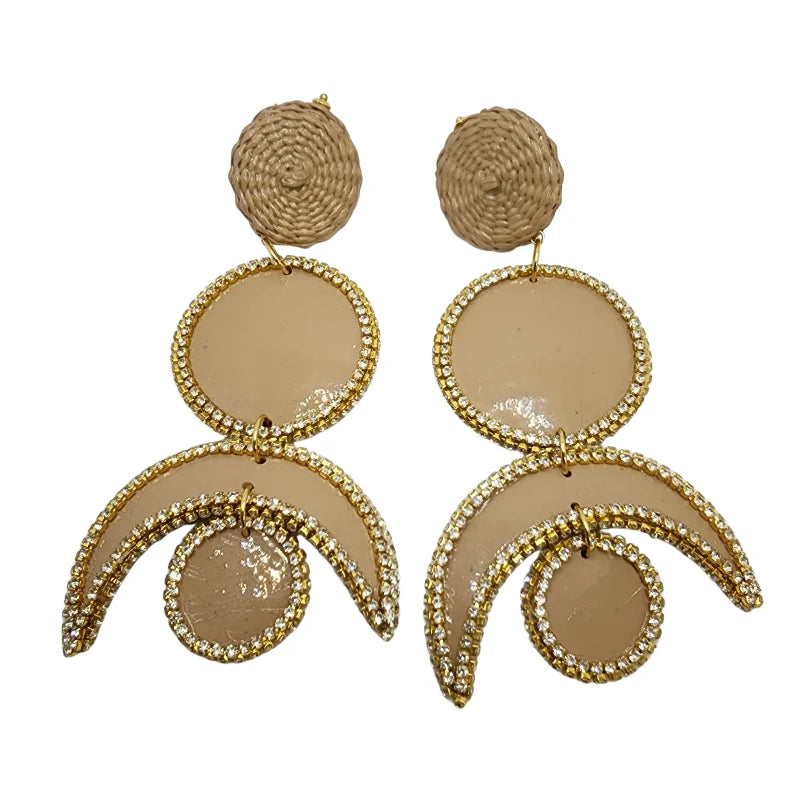 Moon Phases Earrings with gold-trimmed circular shapes, natural banana fibers, and rhinestone accents — handcrafted minimalist jewelry