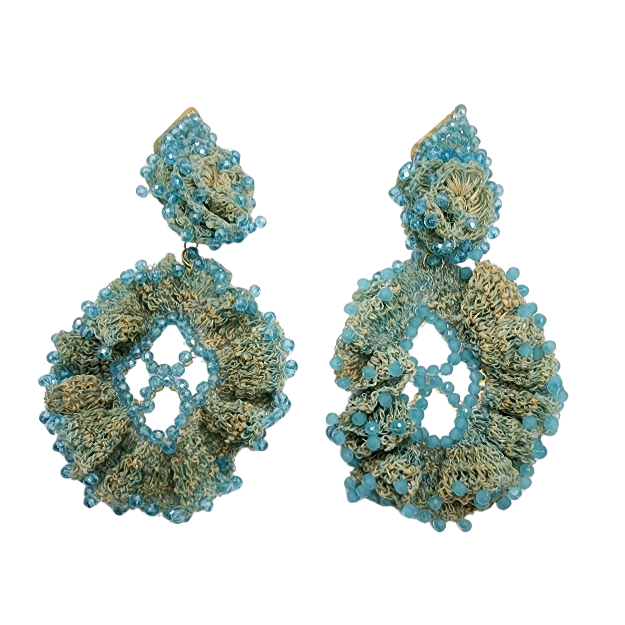 Oval Light Blue Embroidery Earrings with handwoven banana fiber and light blue gemstones — artisan handcrafted jewelry
