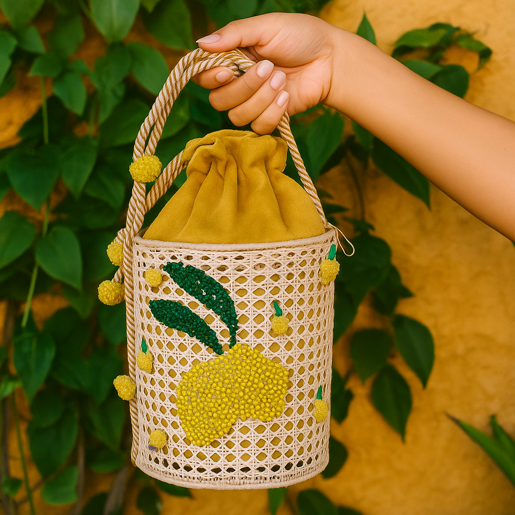 Hand holding the Limoncello Bag outdoors, showing lemon motif and green crystal leaves on beige netting