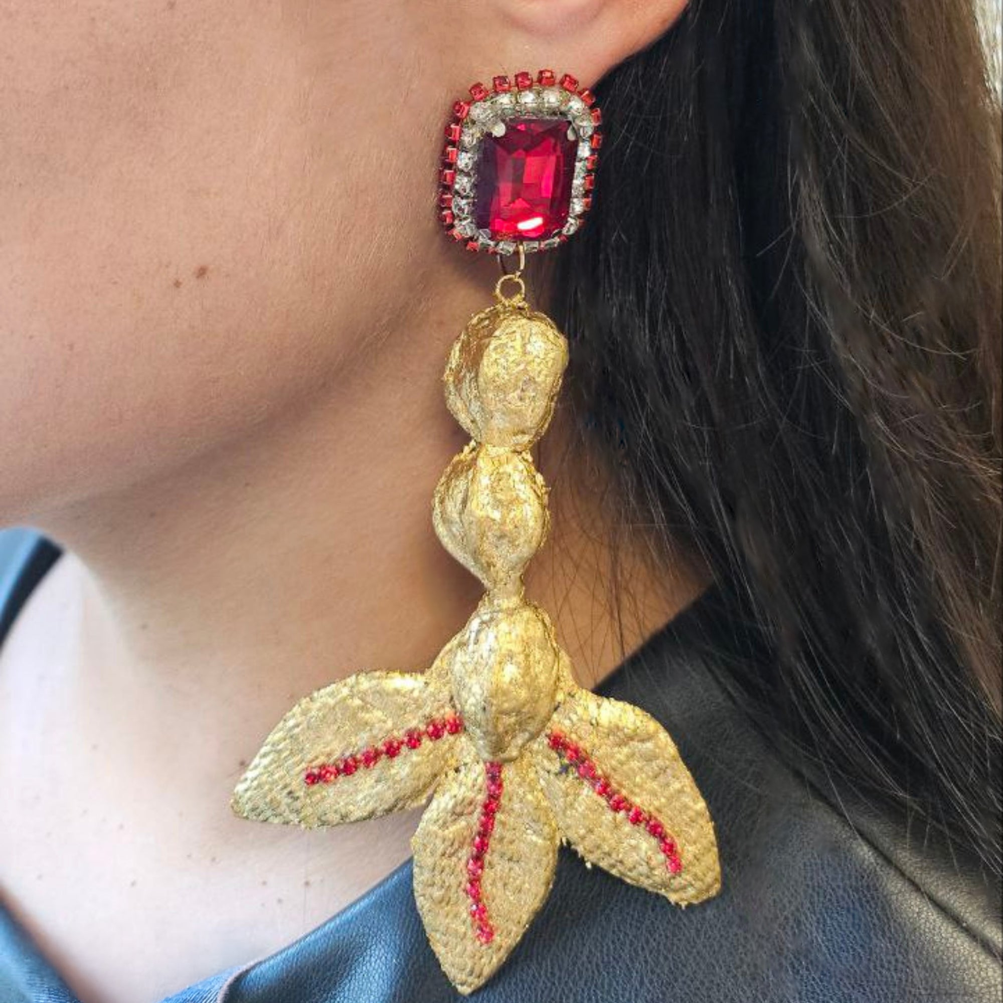 Red Crystal Gold Dangle Earrings