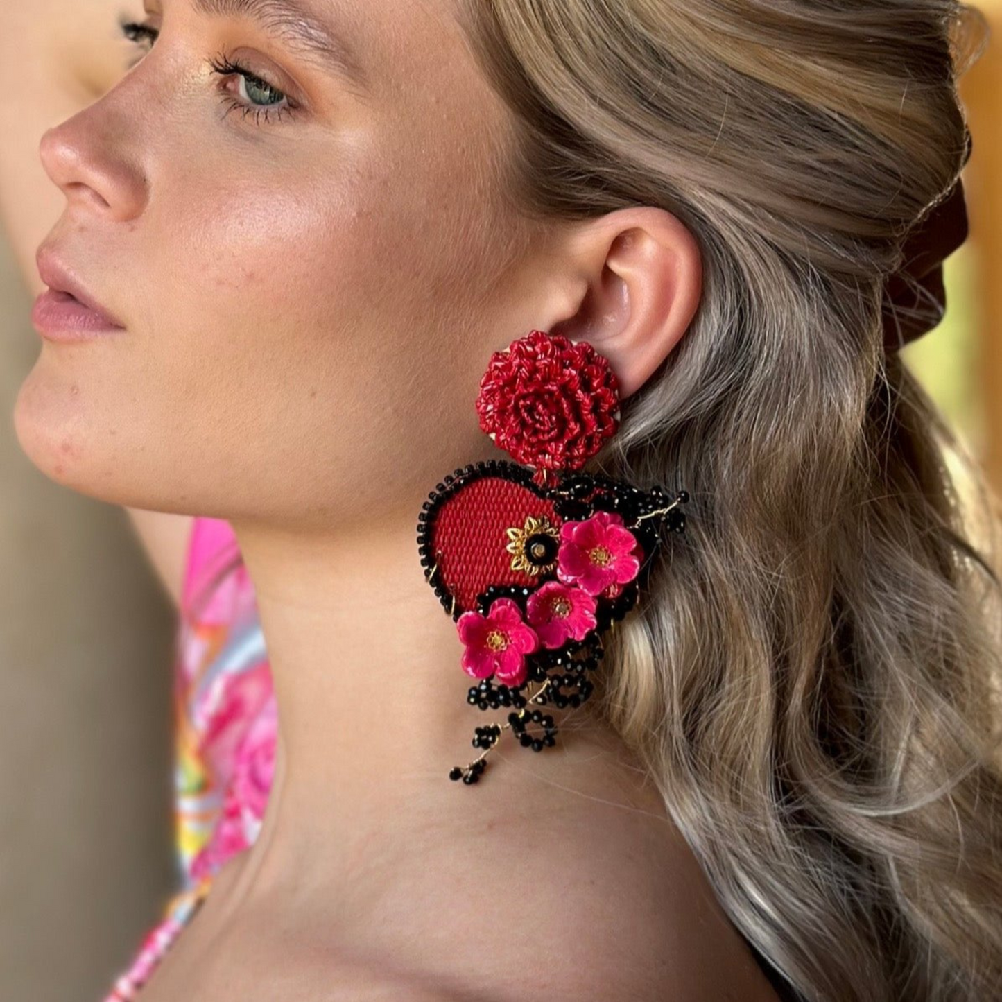 Red and Black Heart and Flowers Earring