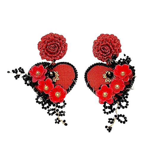 Red & Black Floral Heart Earrings 3