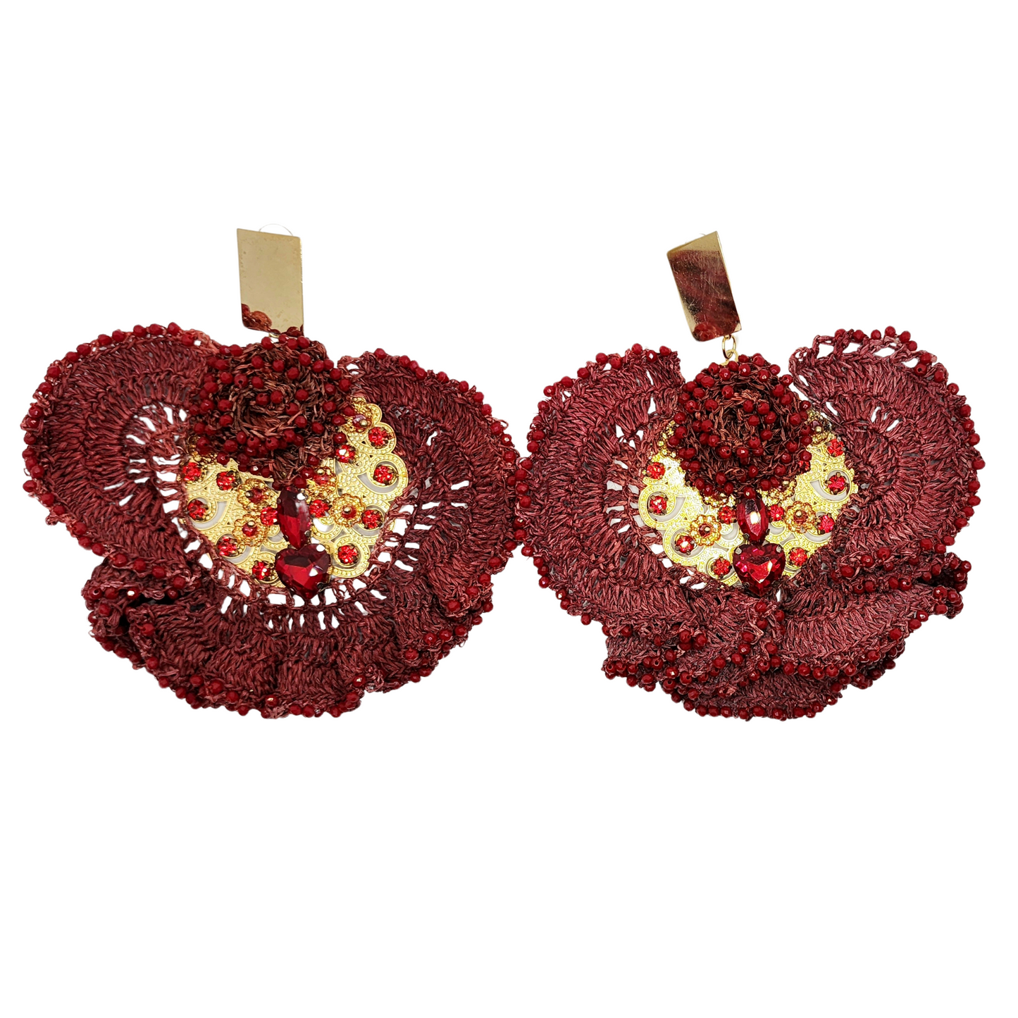 Red & Gold Embroidery Round Earrings