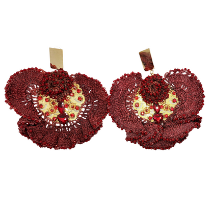 Red and gold round embroidery earrings with fiber roses and gemstones