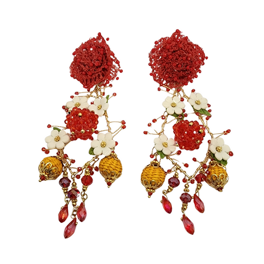 Red and White Flower Waterfall Earrings