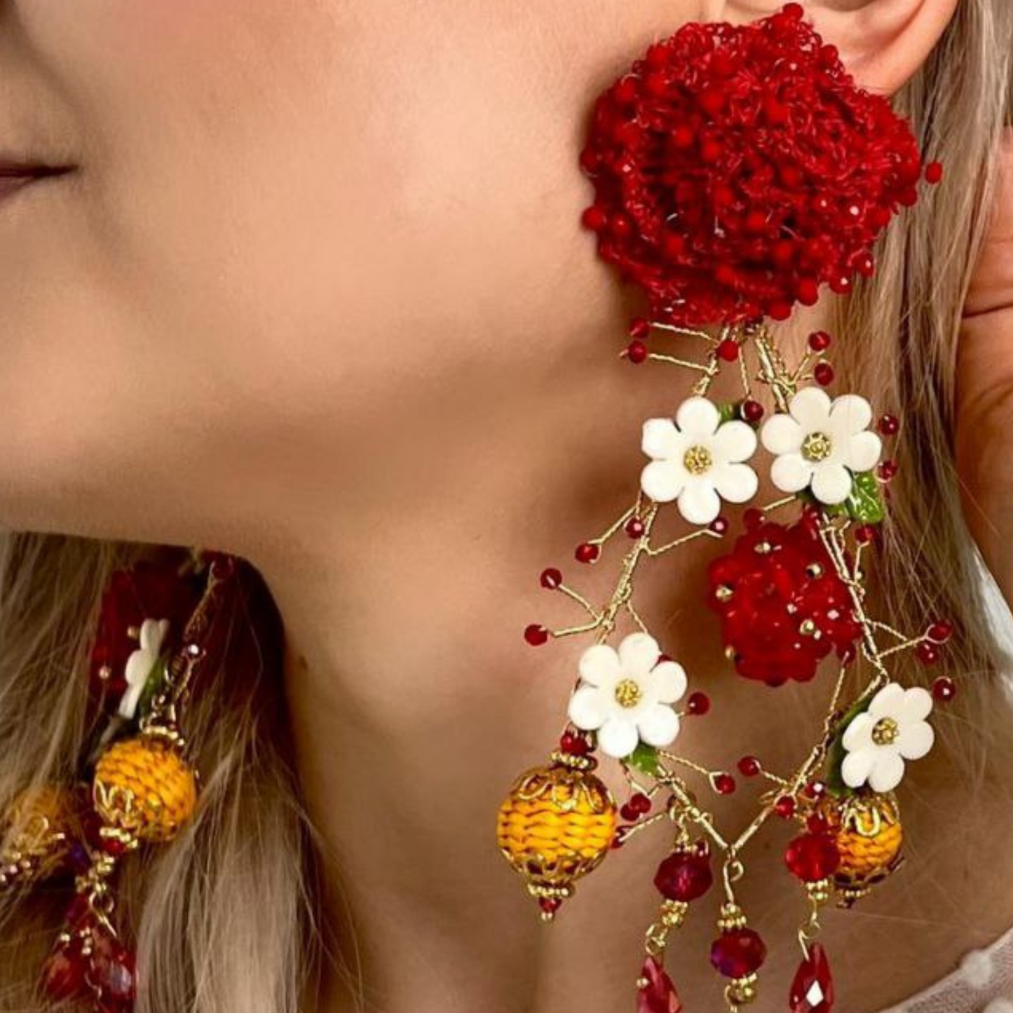 Red and White Flower Waterfall Earrings