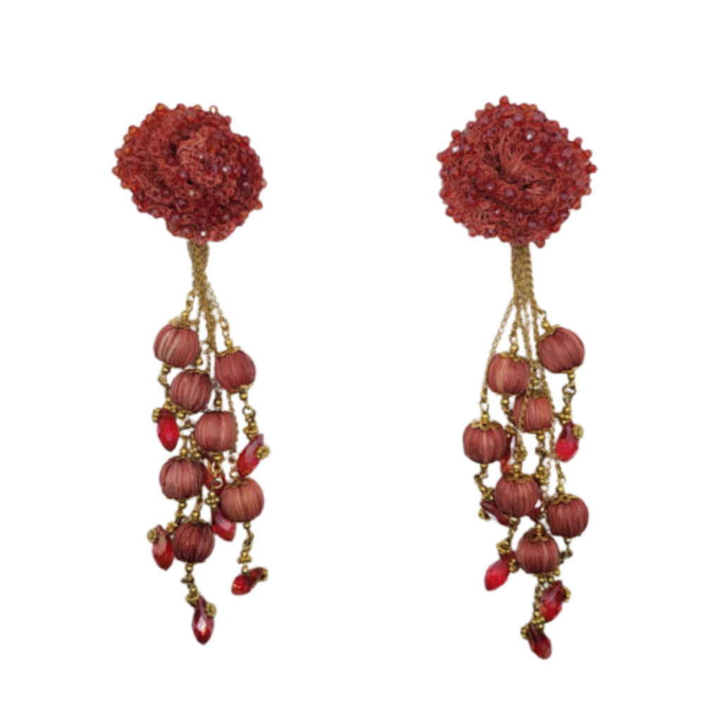 Rosy Cascade Drop Earrings with coral red crocheted rose stud, gold-toned chains, woven beads, and crystals — artisan handcrafted jewelry