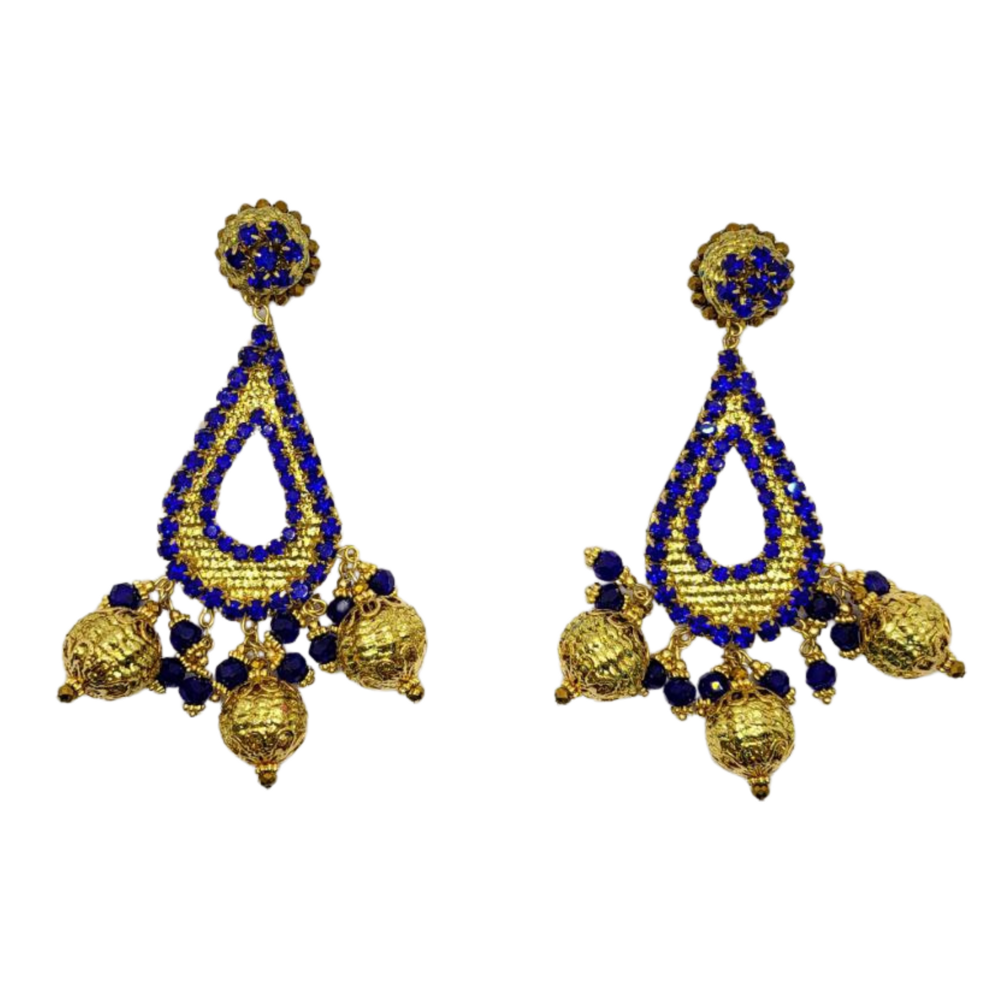 Royal Drop Beaded Earrings with blue and gold seed beads, teardrop shape, golden charms — handcrafted artisan jewelry