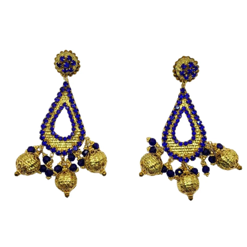 Royal Drop Beaded Earrings with blue and gold seed beads, teardrop shape, golden charms — handcrafted artisan jewelry