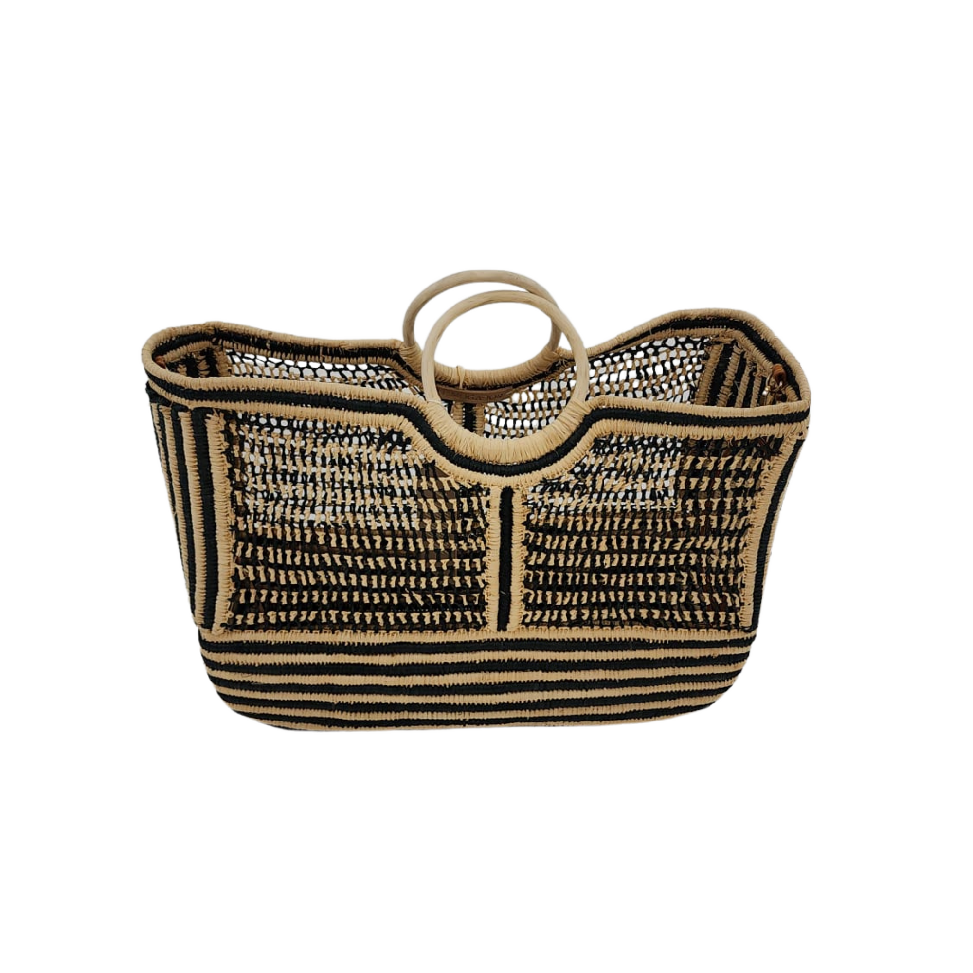 Savanna Stripes Beach Tote with black-and-beige striped pattern and circular woven handles on white background