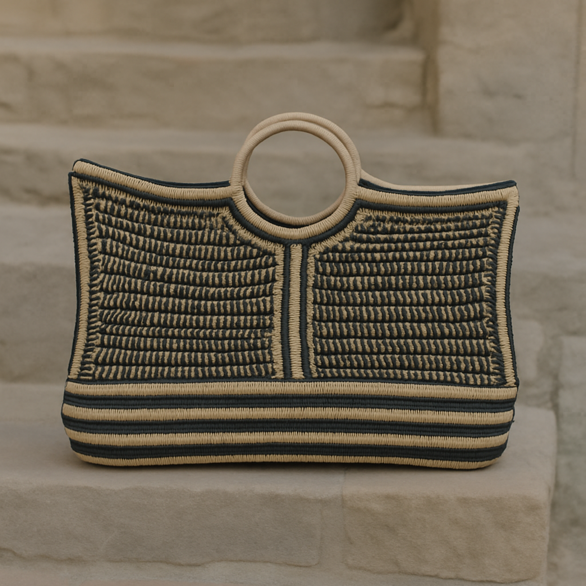 Savanna Stripes Beach Tote placed on stone steps, showcasing its handwoven texture and graphic striped design