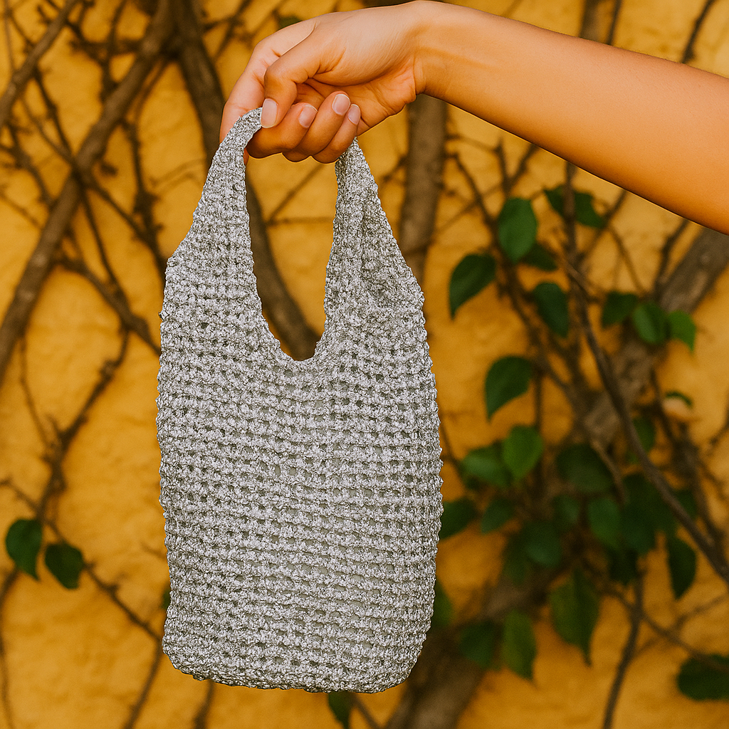 Model holding a silver recycled tote bag in front of green foliage and a yellow wall, showcasing its handcrafted metallic texture.
