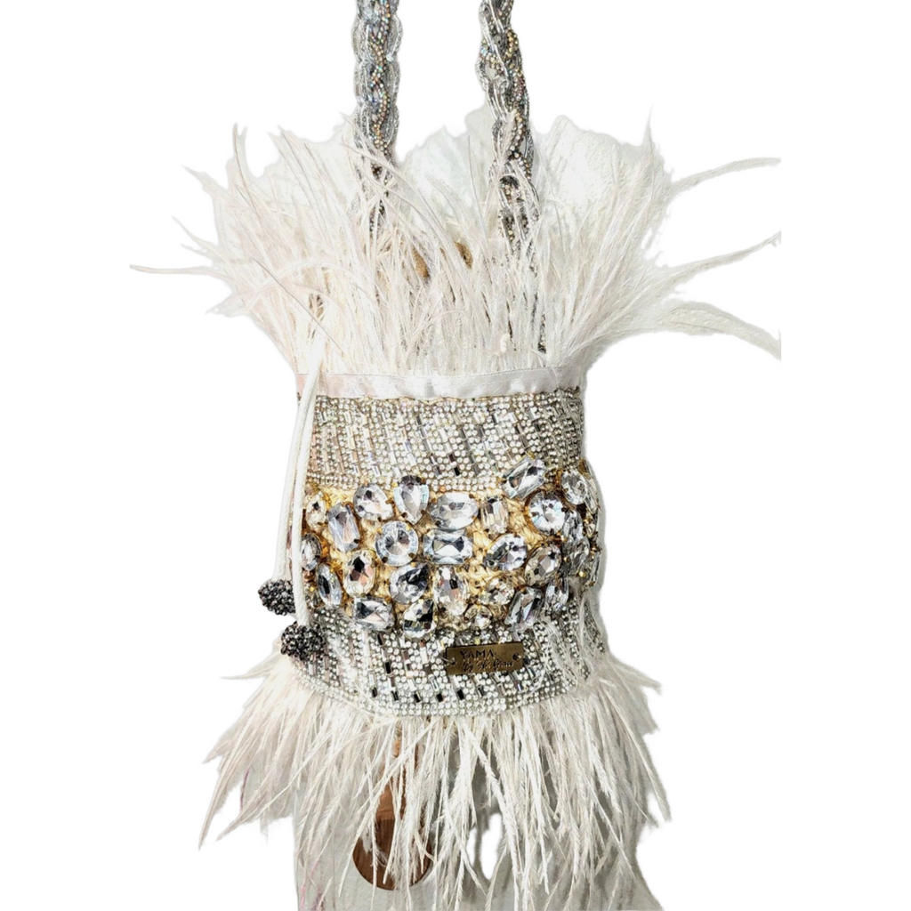 Studio shot of the Crystal Feather Bag showcasing bead and feather detailing