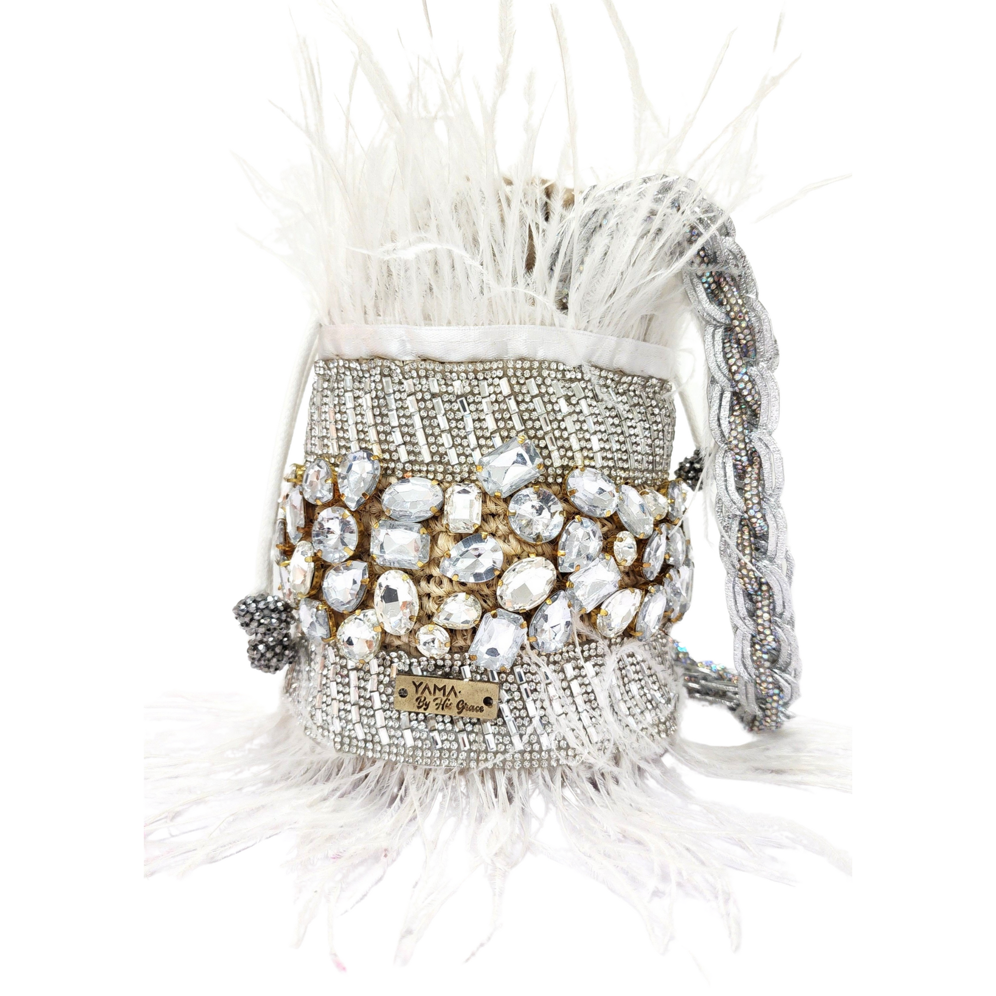 Close-up of the Crystal Feather Bag showing silver crystals and white feathers