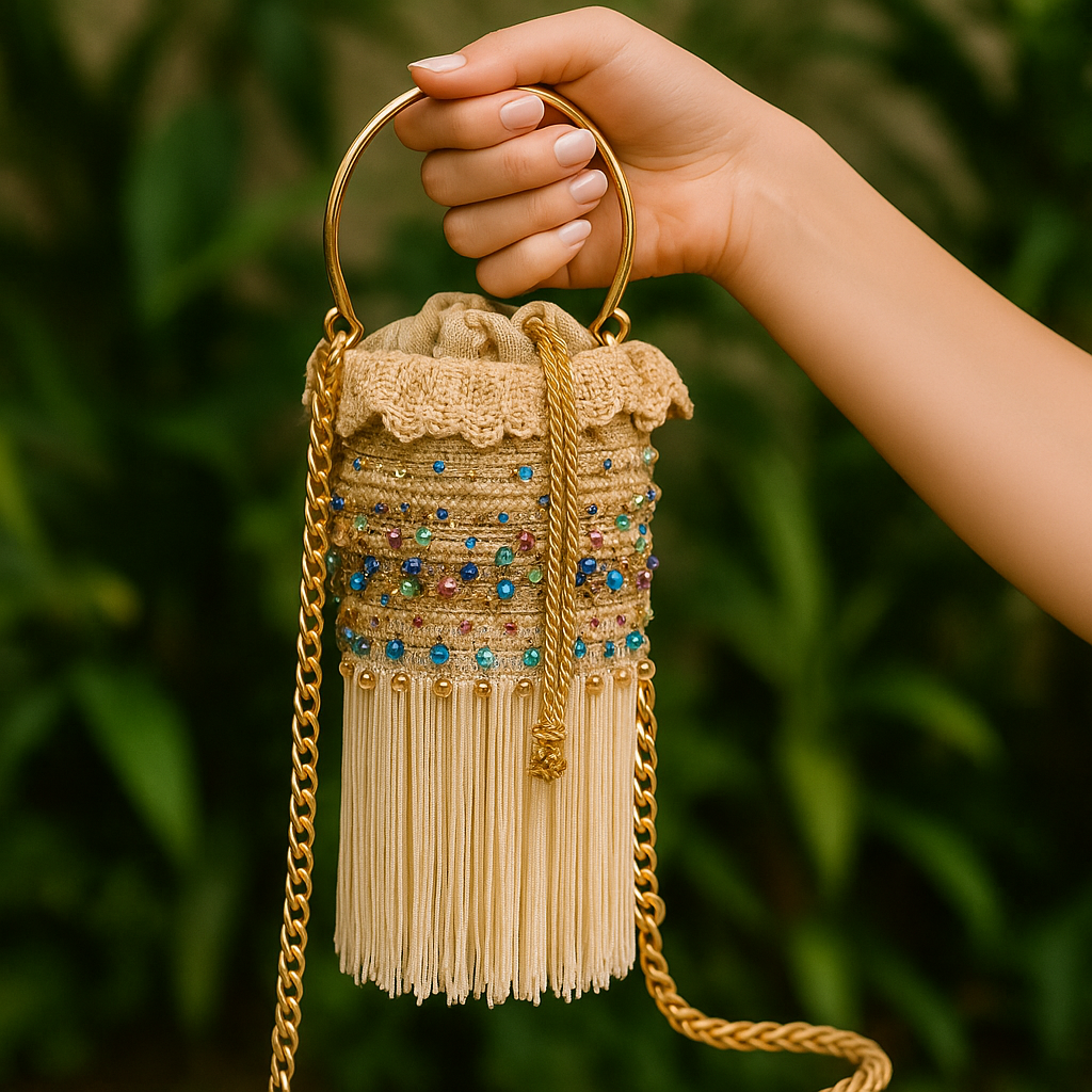 Natural fiber bucket bag with colorful beads, gold chain strap, and ivory fringe shown held outdoors