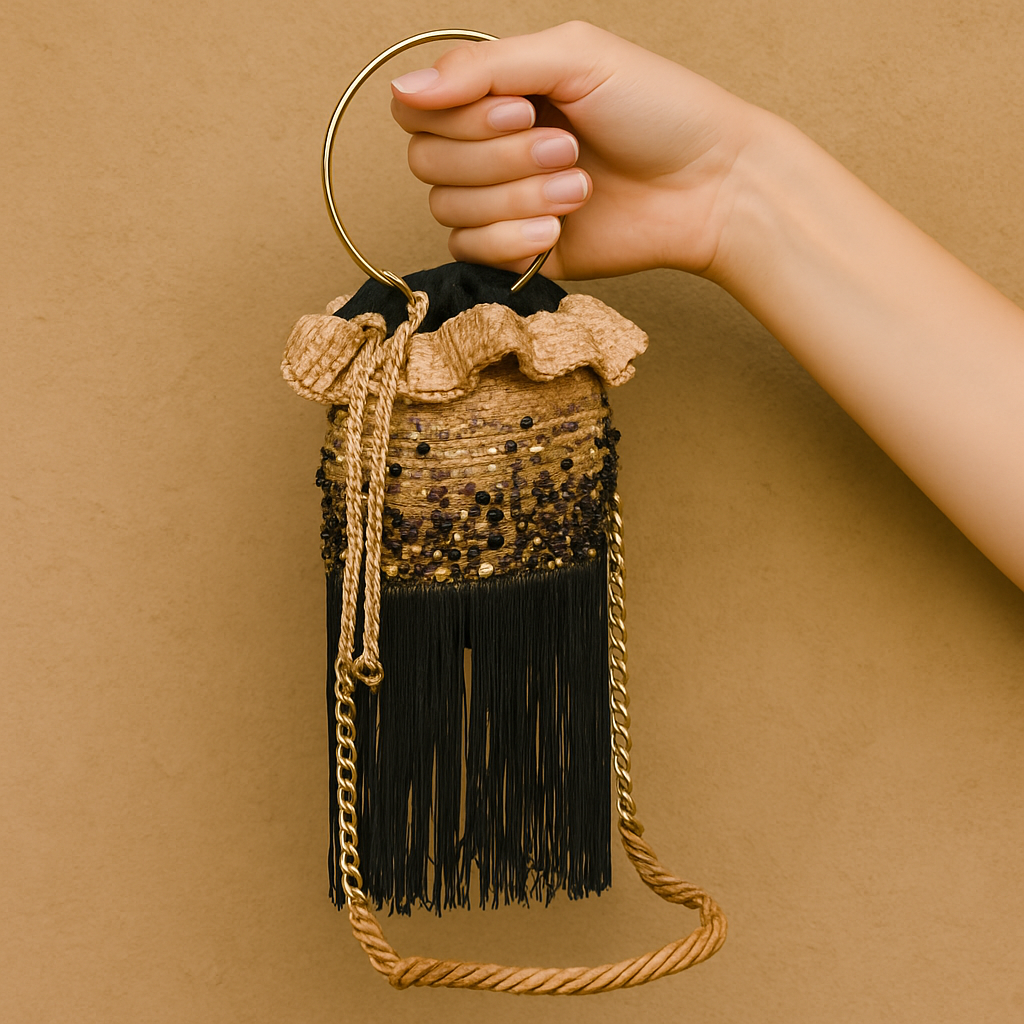 Natural fiber bucket bag with black and gold bead accents, gold chain strap, and black fringe held outdoors.