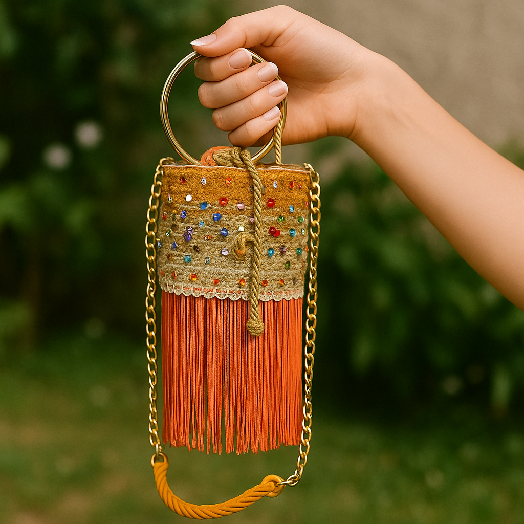 Natural fiber bucket bag with colorful beads, gold chain strap, and orange fringe shown outdoors.